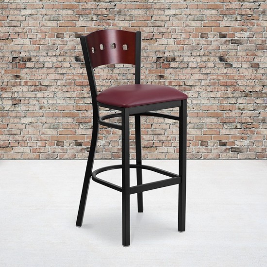 Black 4 Square Back Metal Restaurant Barstool - Mahogany Wood Back, Burgundy Vinyl Seat