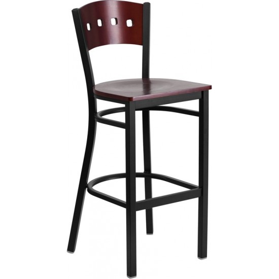 Black 4 Square Back Metal Restaurant Barstool - Mahogany Wood Back & Seat