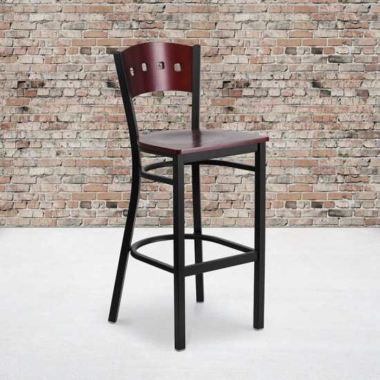 Black 4 Square Back Metal Restaurant Barstool - Mahogany Wood Back & Seat