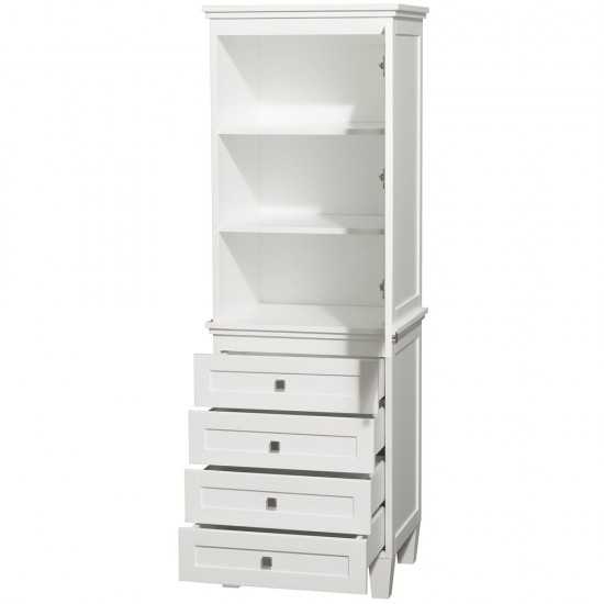 Bathroom Linen Tower in White, Shelved Cabinet Storage and 4 Drawers