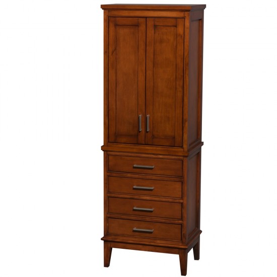 Bathroom Linen Tower in Light Chestnut, Shelved Cabinet Storage and 4 Drawers