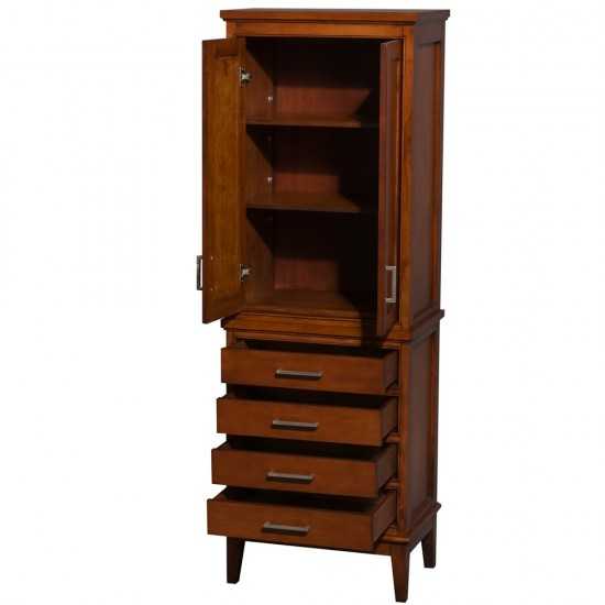 Bathroom Linen Tower in Light Chestnut, Shelved Cabinet Storage and 4 Drawers