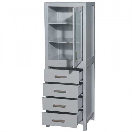 24 Inch Linen Tower in Gray, Shelved Cabinet Storage and 4 Drawers
