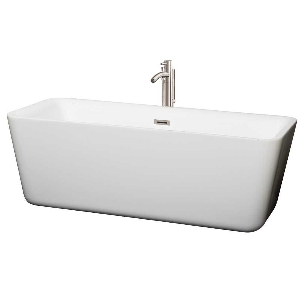 69 Inch Freestanding Bathtub in White, Floor Mounted Faucet, Drain, Trim in Nickel