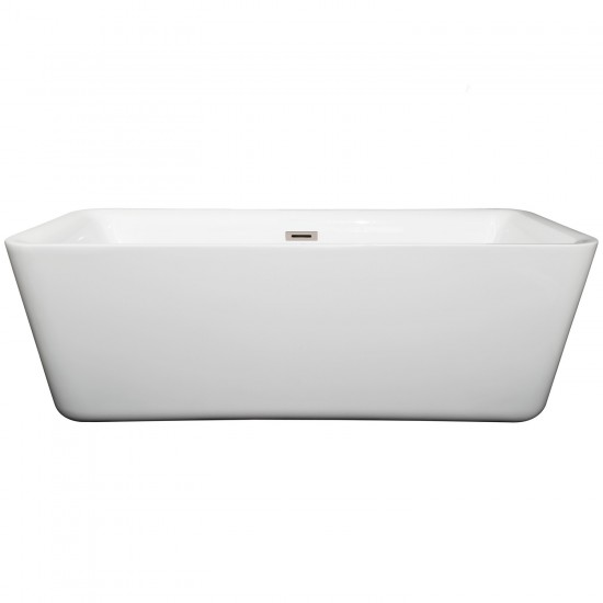 69 Inch Freestanding Bathtub in White, Brushed Nickel Drain and Overflow Trim