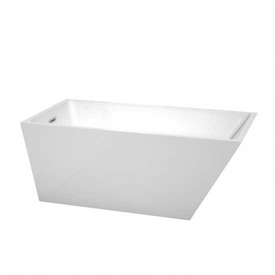 59 Inch Freestanding Bathtub in White, Polished Chrome Drain and Overflow Trim