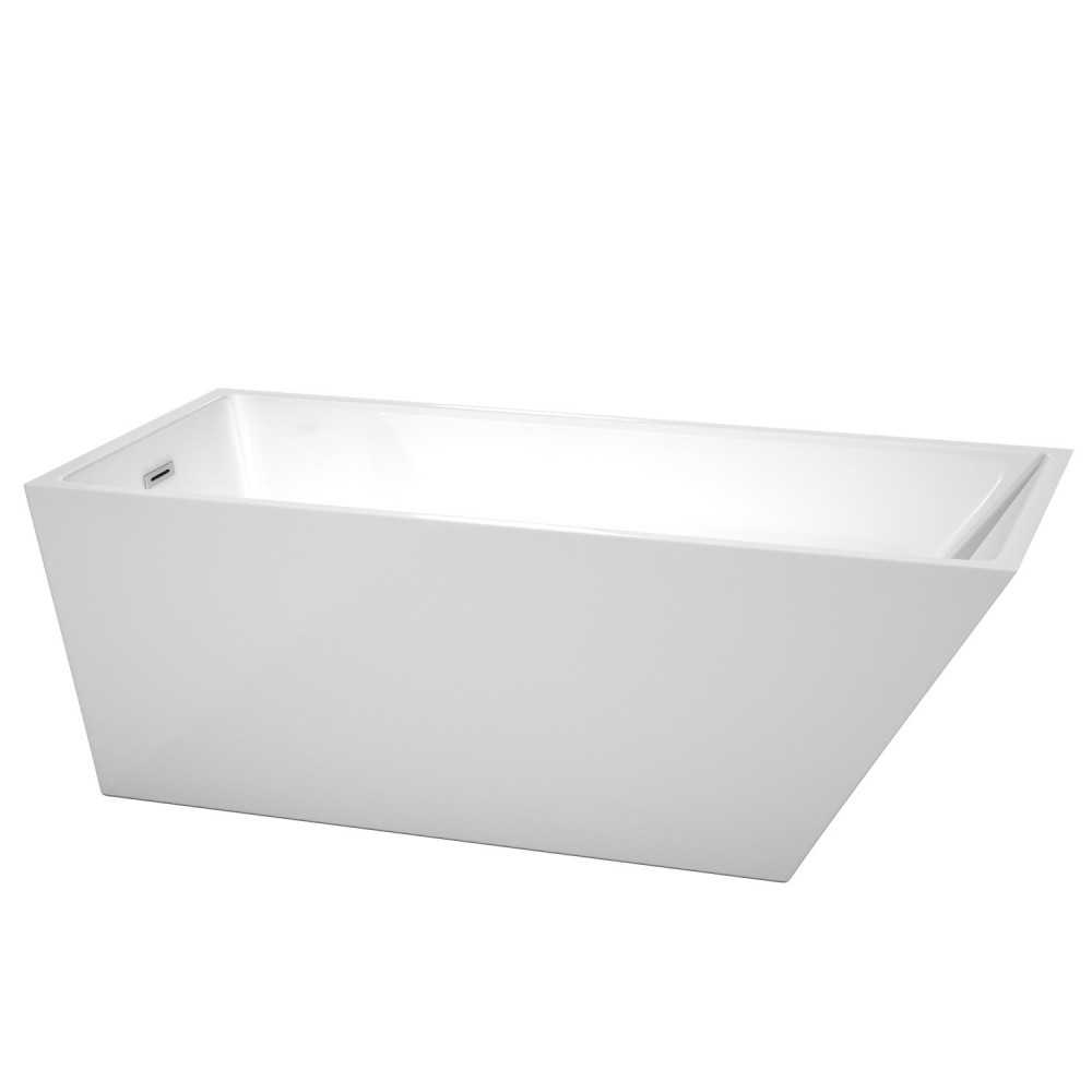 67 Inch Freestanding Bathtub in White, Polished Chrome Drain and Overflow Trim