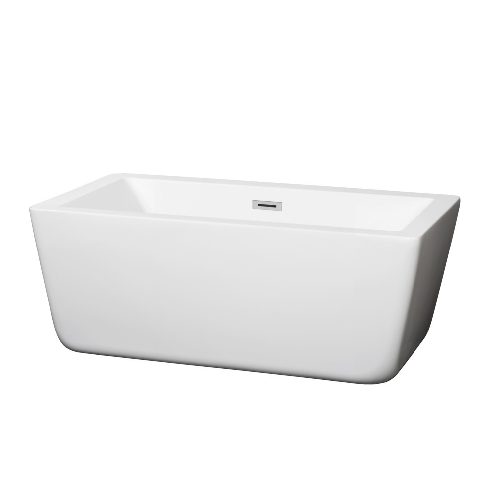 59 Inch Freestanding Bathtub in White, Polished Chrome Drain and Overflow Trim