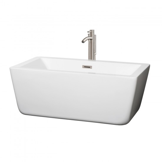 59 Inch Freestanding Bathtub in White, Floor Mounted Faucet, Drain, Trim in Nickel