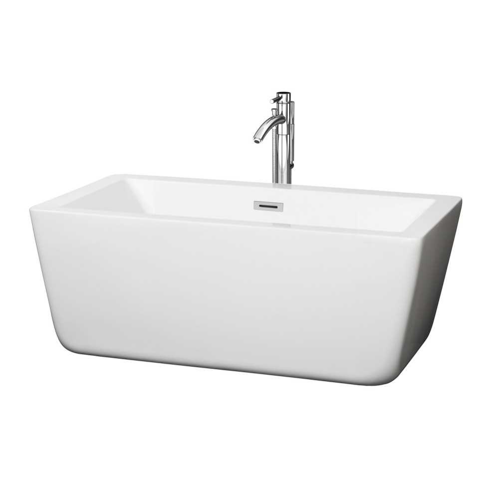 59 Inch Freestanding Bathtub in White, Floor Mounted Faucet, Drain, Trim in Chrome 59 Inch Freestanding Bathtub in White, Floor Mounted Faucet, Drain, Trim in Chrome