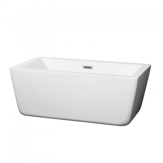 59 Inch Freestanding Bathtub in White, Brushed Nickel Drain and Overflow Trim