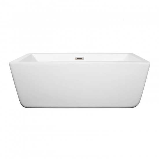 59 Inch Freestanding Bathtub in White, Brushed Nickel Drain and Overflow Trim