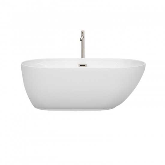 60 Inch Freestanding Bathtub in White, Floor Mounted Faucet, Drain, Trim in Nickel