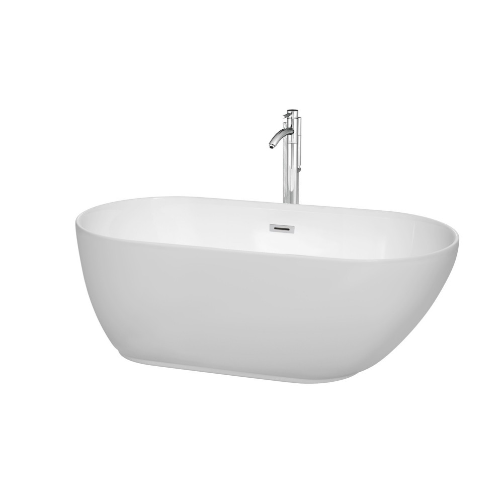 60 Inch Freestanding Bathtub in White, Floor Mounted Faucet, Drain, Trim in Chrome