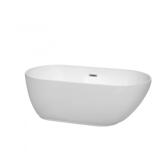 60 Inch Freestanding Bathtub in White, Brushed Nickel Drain and Overflow Trim