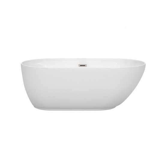 60 Inch Freestanding Bathtub in White, Brushed Nickel Drain and Overflow Trim