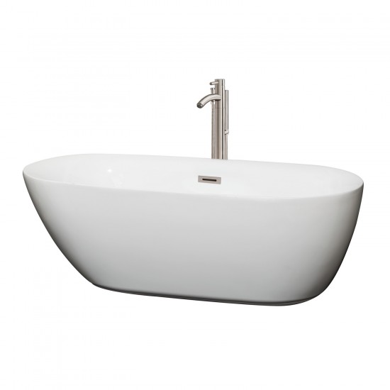 65 Inch Freestanding Bathtub in White, Floor Mounted Faucet, Drain, Trim in Nickel