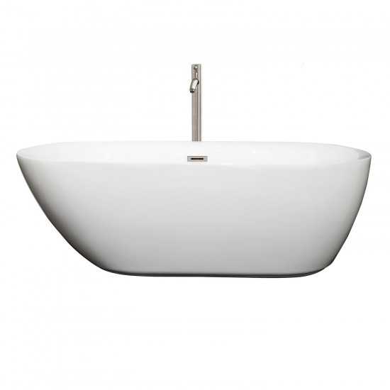 65 Inch Freestanding Bathtub in White, Floor Mounted Faucet, Drain, Trim in Nickel