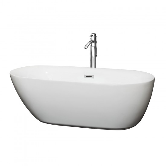 65 Inch Freestanding Bathtub in White, Floor Mounted Faucet, Drain, Trim in Chrome