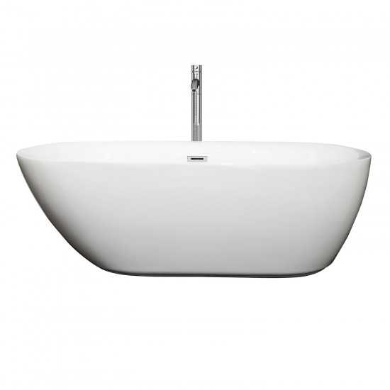 65 Inch Freestanding Bathtub in White, Floor Mounted Faucet, Drain, Trim in Chrome