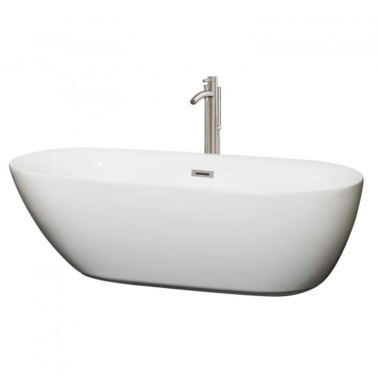 71 Inch Freestanding Bathtub in White, Floor Mounted Faucet, Drain, Trim in Nickel