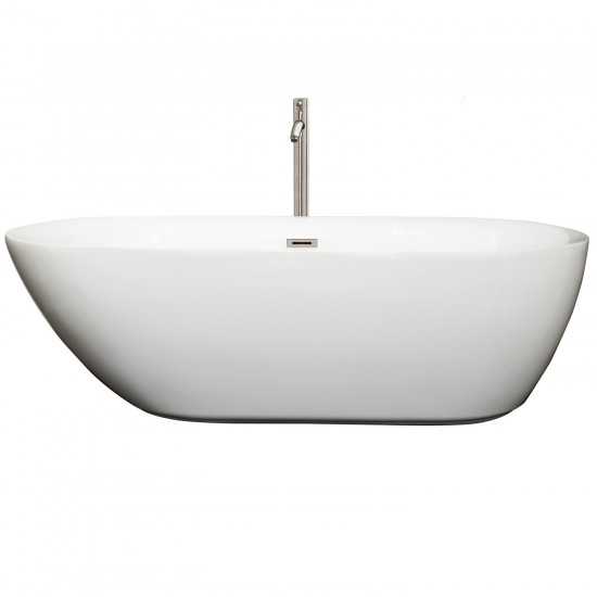 71 Inch Freestanding Bathtub in White, Floor Mounted Faucet, Drain, Trim in Nickel