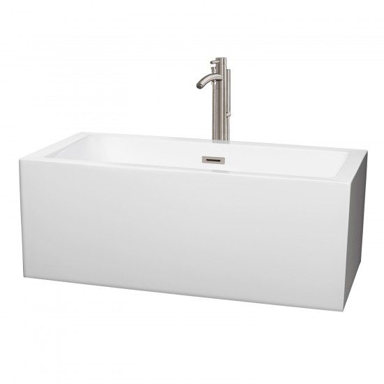 60 Inch Freestanding Bathtub in White, Floor Mounted Faucet, Drain, Trim in Nickel