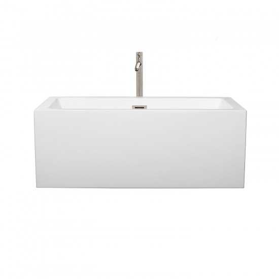 60 Inch Freestanding Bathtub in White, Floor Mounted Faucet, Drain, Trim in Nickel