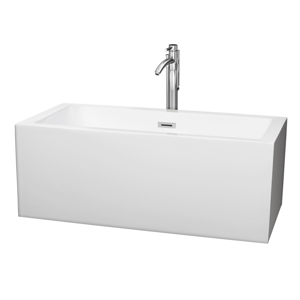 60 Inch Freestanding Bathtub in White, Floor Mounted Faucet, Drain, Trim in Chrome