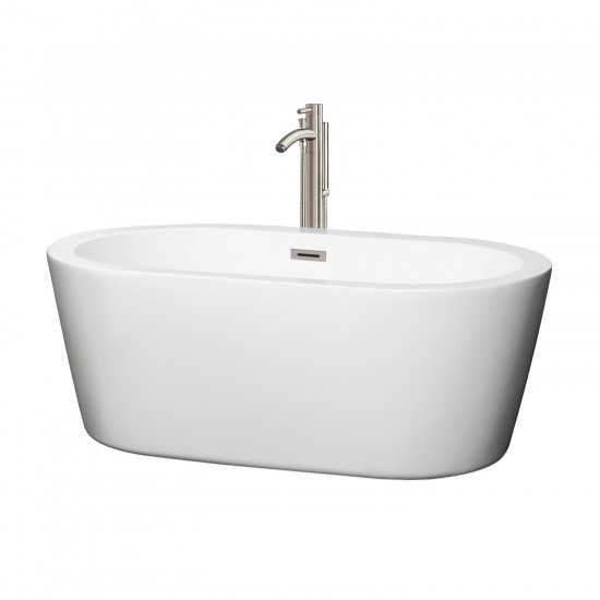 60 Inch Freestanding Bathtub in White, Floor Mounted Faucet, Drain, Trim in Nickel