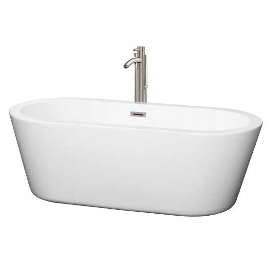 67 Inch Freestanding Bathtub in White, Floor Mounted Faucet, Drain, Trim in Nickel