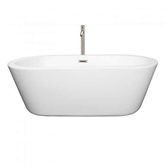 67 Inch Freestanding Bathtub in White, Floor Mounted Faucet, Drain, Trim in Nickel