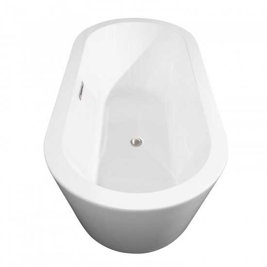 67 Inch Freestanding Bathtub in White, Brushed Nickel Drain and Overflow Trim