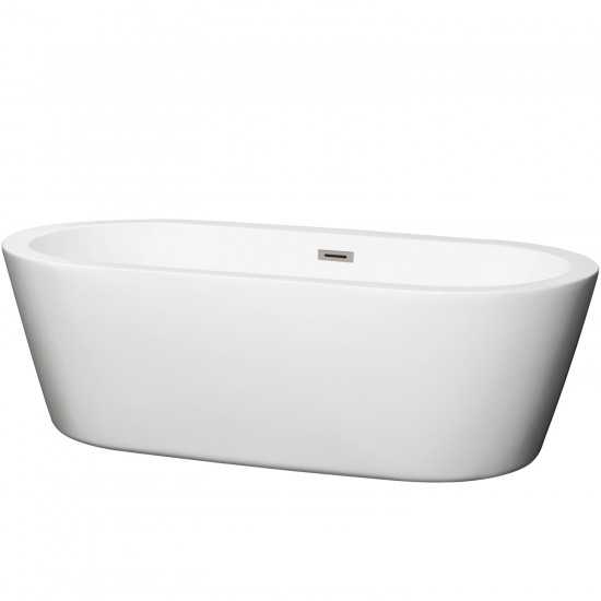 71 Inch Freestanding Bathtub in White, Brushed Nickel Drain and Overflow Trim