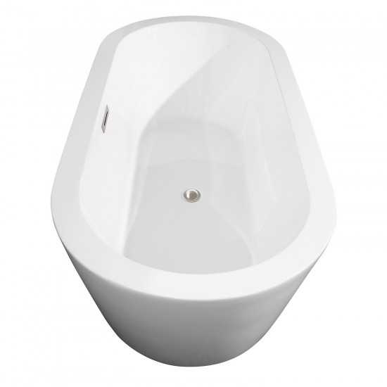 71 Inch Freestanding Bathtub in White, Brushed Nickel Drain and Overflow Trim