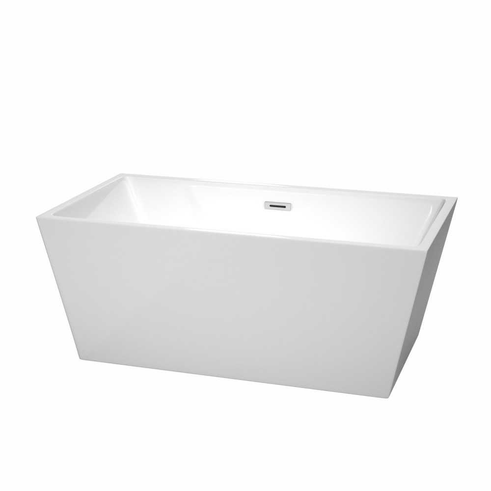 59 Inch Freestanding Bathtub in White, Polished Chrome Drain and Overflow Trim