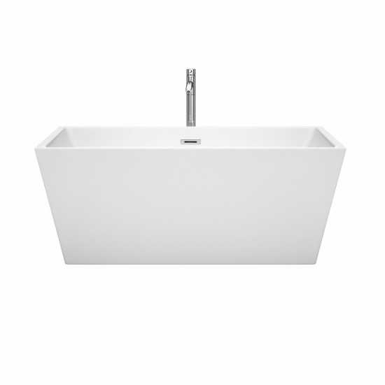 59 Inch Freestanding Bathtub in White, Floor Mounted Faucet, Drain, Trim in Chrome