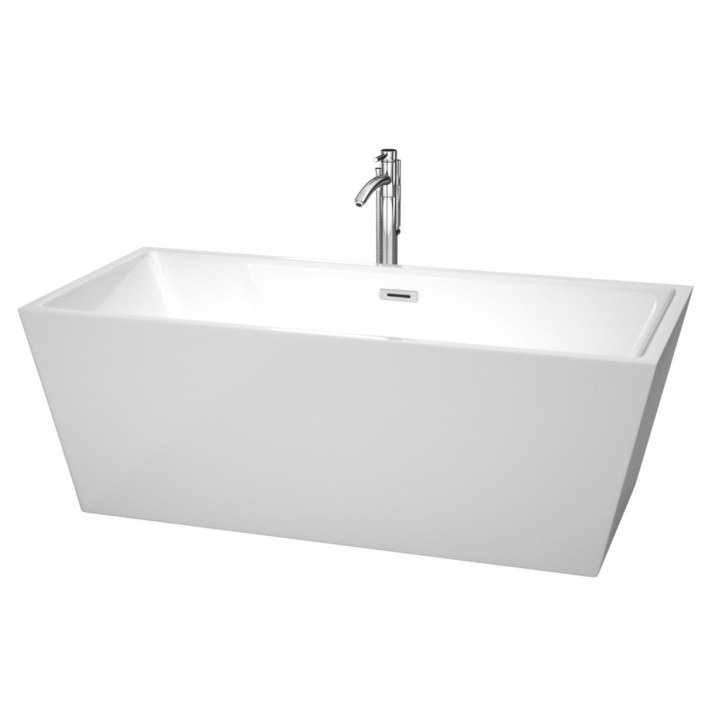 67 Inch Freestanding Bathtub in White, Floor Mounted Faucet, Drain, Trim in Chrome