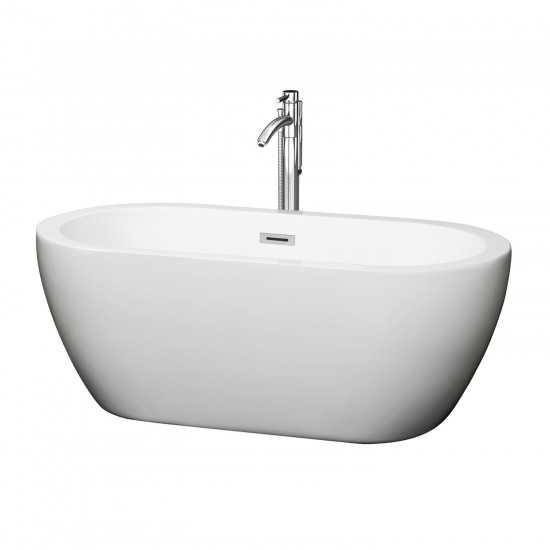 60 Inch Freestanding Bathtub in White, Floor Mounted Faucet, Drain, Trim in Chrome