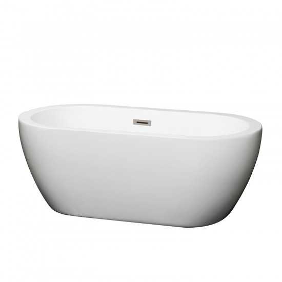 60 Inch Freestanding Bathtub in White, Brushed Nickel Drain and Overflow Trim