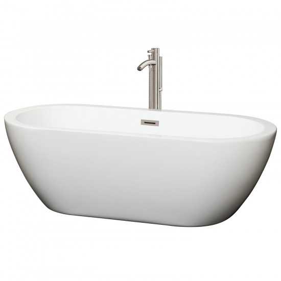 68 Inch Freestanding Bathtub in White, Floor Mounted Faucet, Drain, Trim in Nickel