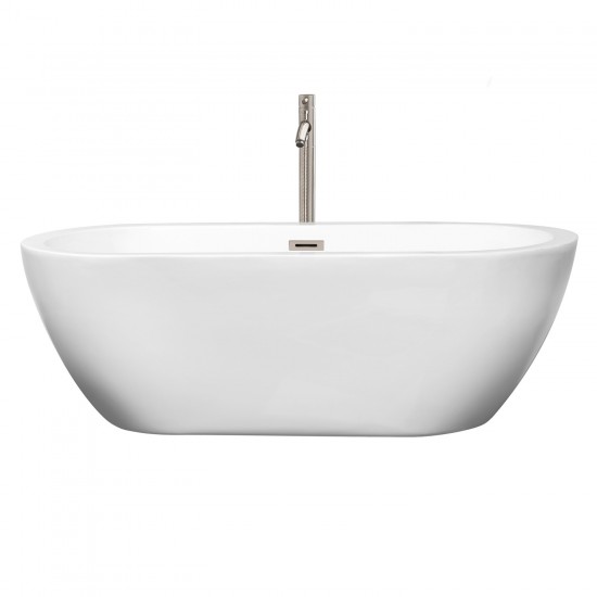 68 Inch Freestanding Bathtub in White, Floor Mounted Faucet, Drain, Trim in Nickel