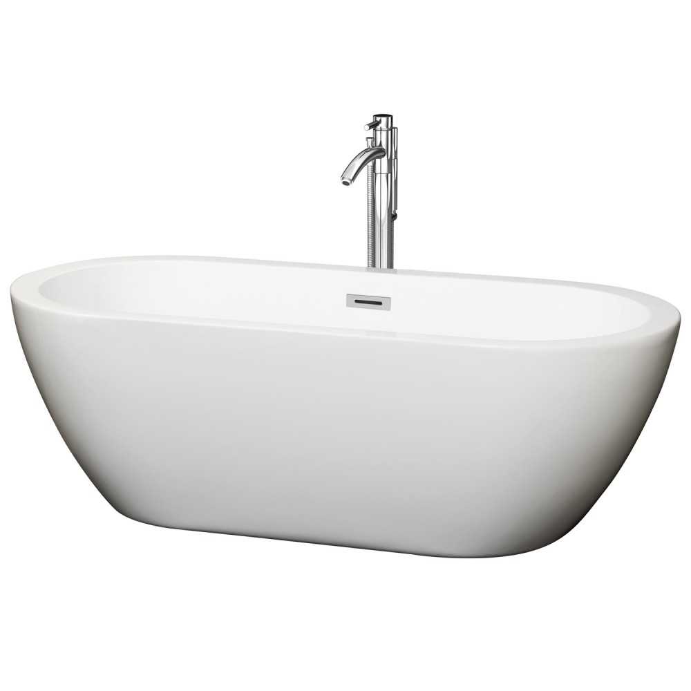 68 Inch Freestanding Bathtub in White, Floor Mounted Faucet, Drain, Trim in Chrome