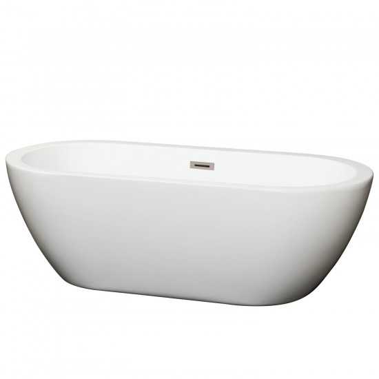 68 Inch Freestanding Bathtub in White, Brushed Nickel Drain and Overflow Trim