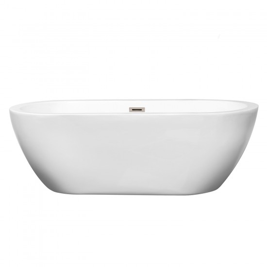 68 Inch Freestanding Bathtub in White, Brushed Nickel Drain and Overflow Trim