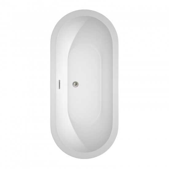 68 Inch Freestanding Bathtub in White, Brushed Nickel Drain and Overflow Trim
