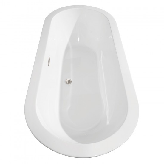 68 Inch Freestanding Bathtub in White, Brushed Nickel Drain and Overflow Trim