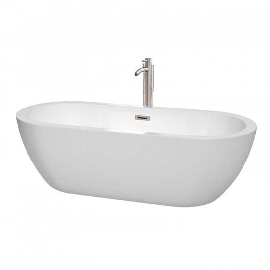 72 Inch Freestanding Bathtub in White, Floor Mounted Faucet, Drain, Trim in Nickel