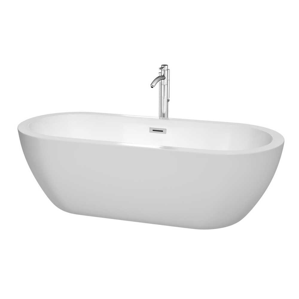 72 Inch Freestanding Bathtub in White, Floor Mounted Faucet, Drain, Trim in Chrome