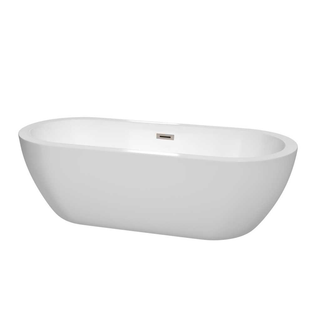 72 Inch Freestanding Bathtub in White, Brushed Nickel Drain and Overflow Trim
